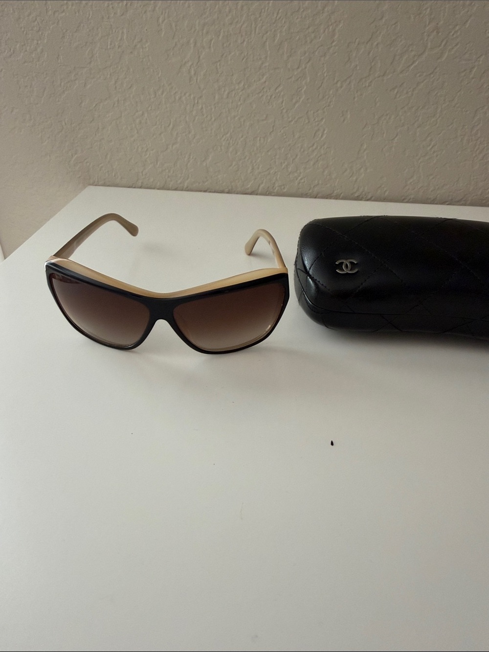 CHANEL Black and Beige Shield Sunglasses